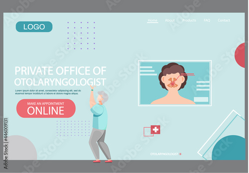Private office of otolaryngologist landing page template. App for providing medical service online. Doctor appointment in hospital website. Man visiting clinic for health check up, health care concept