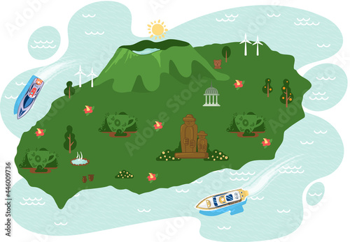 Jeju island in South Korea, tourist tour banner. Summer vacation, active tour with famous attraction, adventure time. Layout of postcard to island for travelers. Jeju, Korean nature and landscape