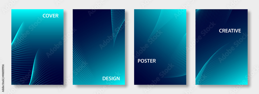 Set of blue and green cover design templates. Abstract futuristic geometric pattern with wavy lines for banner, posters, flyer, brochure and wallpaper. Vector