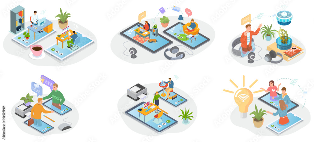 Fototapeta premium Remote working and networks. Professional business teleworkers connecting online and remote work from home for corporate company. Global outsourcing distributed team, freelance job. Remotely by leader