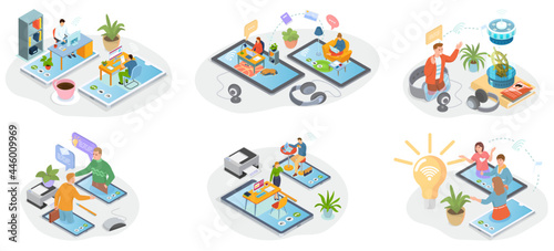 Remote working and networks. Professional business teleworkers connecting online and remote work from home for corporate company. Global outsourcing distributed team, freelance job. Remotely by leader