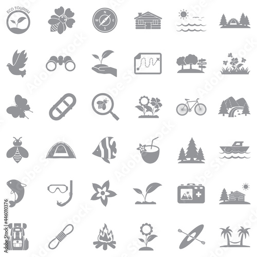 Eco Tourism Icons. Gray Flat Design. Vector Illustration.