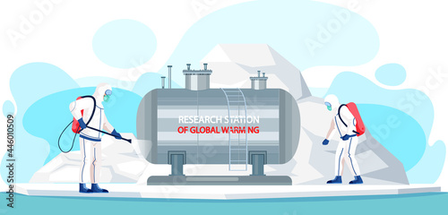 Scientists studying main causes of climate change. People working in research stations of global warming. Men in protective suit work with global warming in Antarctica. Changing water level on planet