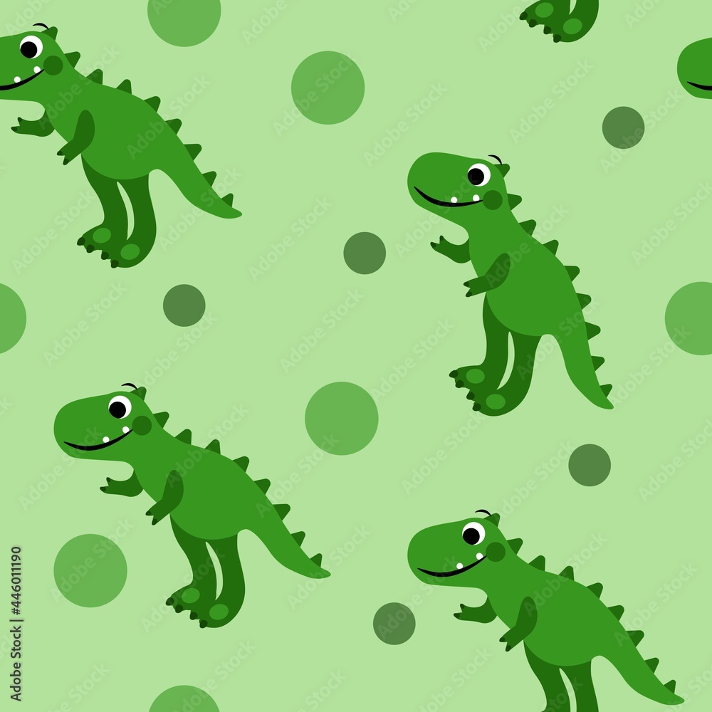Naklejka premium Funny cartoon dinosaurs seamless pattern with green background illustration for kids. Design for poster, kids wrapping, background, print, texture, textile.