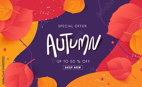 Autumn sale banner background layout decorate with autumn leaves 