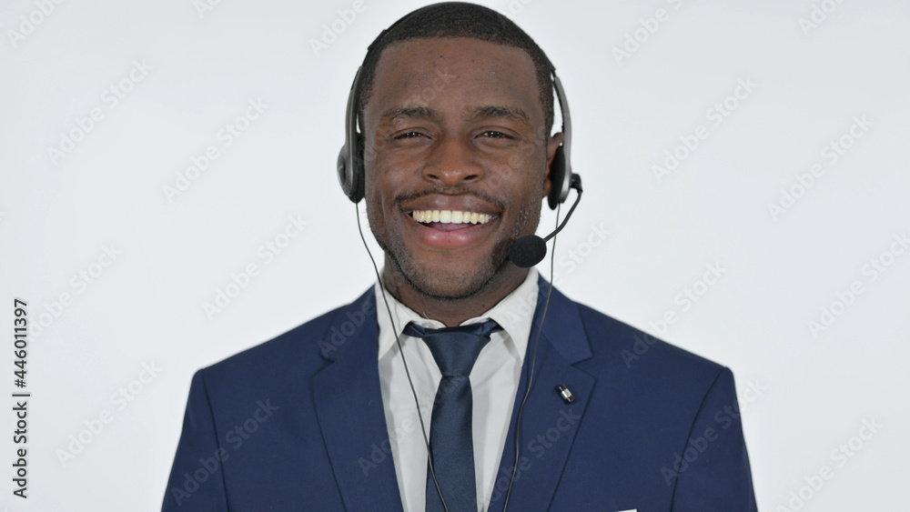 Smiling African Businessman with Headset for Call Center, white Background Smiling African Businessman with Headset for Call Center, white Background