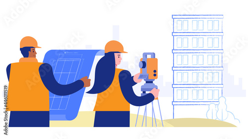 Construction site concept. Architect holds blueprint, surveyor does research. Schematic plan of future multi-storey building. Real estate business. Vector illustration scene with people characters