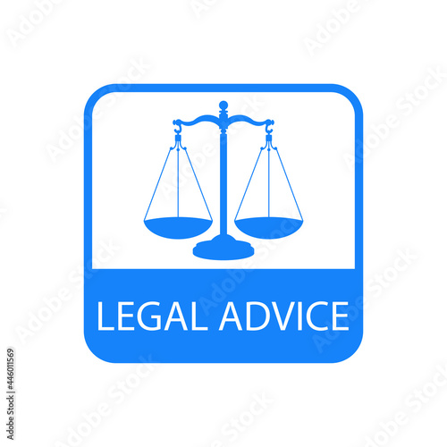 Icono con texto Legal Advice con silueta de balanza en cuadrado de color azul