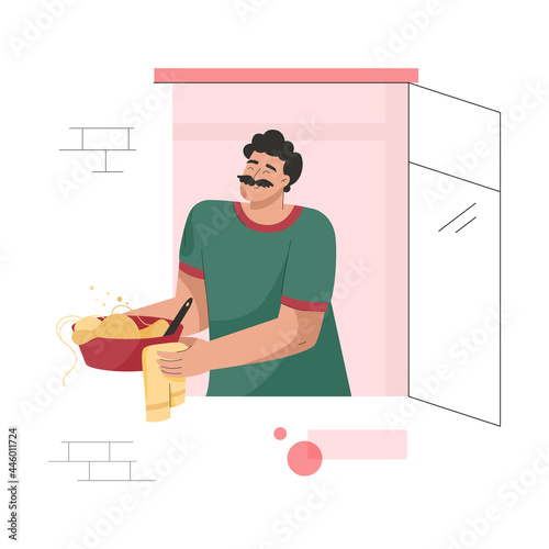 Neighbor in window concept. Man cooks food and holds plate