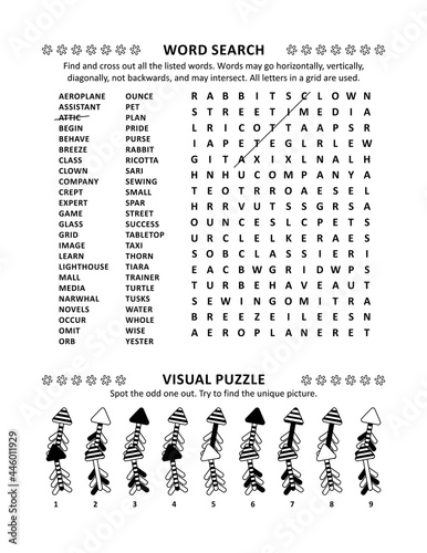 Puzzle page with two brain games: general knowledge non-themed word search puzzle (English language) and visual puzzle with arrows. Black and white.
