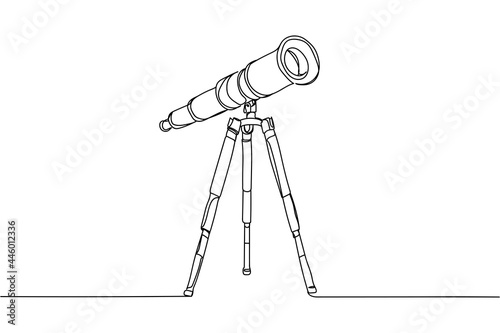 Continuous one line of telescope in silhouette on a white background. Linear stylized.Minimalist.