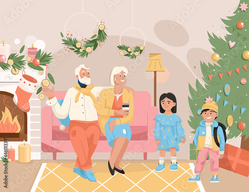 Family celebrating Christmas concept. Grandchildren and grandparents