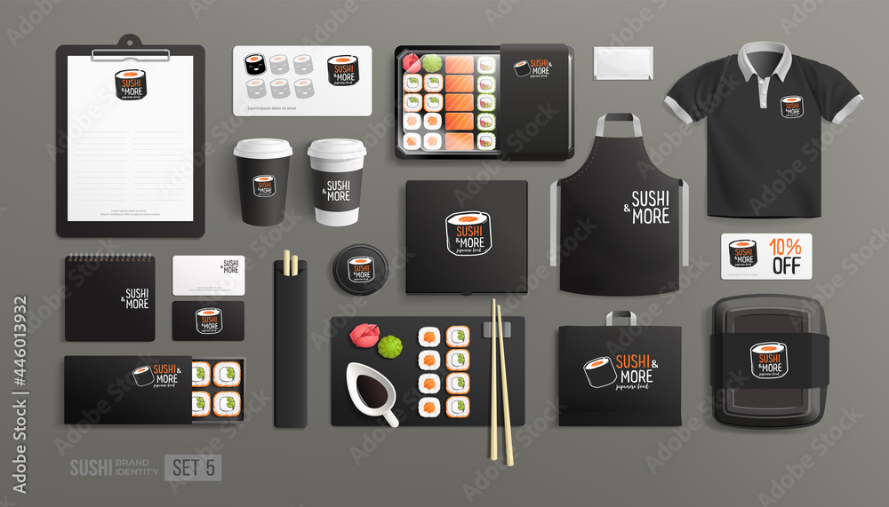 Sushi Shop Branding Identity Items And Package Design With Logo Japanese  Food Restaurant. Black Corporate Style Sushi Package Mockup Set Of Lunch  Box, Rolls, Chopsticks Paper Bag, Menu Stock Vector | Adobe