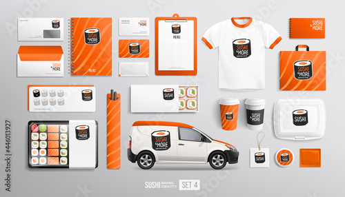 Sushi Bar Restaurant Brand identity with logo on food package and items. Creative design orange colors stationery MockUp set of Sushi delivery van, lunch box, uniform, package. Japanese food branding