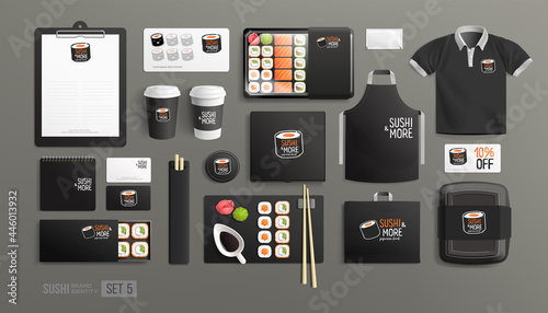 Sushi Shop Branding identity items and package design with logo Japanese food restaurant. Black Corporate style Sushi package mockup set of lunch box, rolls, chopsticks paper bag, menu