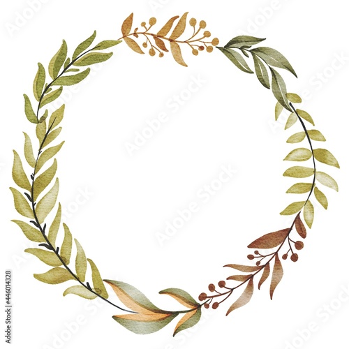 Hand drawing watercolor leaf frame. Circle shape border. Use for poster, card, print, design, postcard, stickers, label, postcard, shop, market, children’s book, illustration, interior