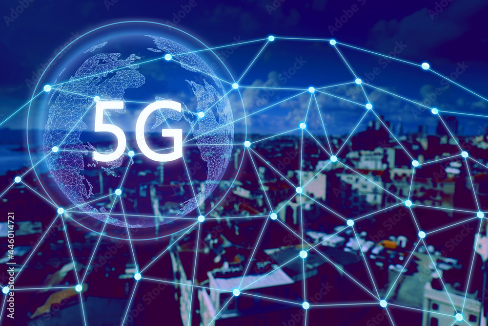 5G network wireless system. Beautiful cityscape and network connection lines