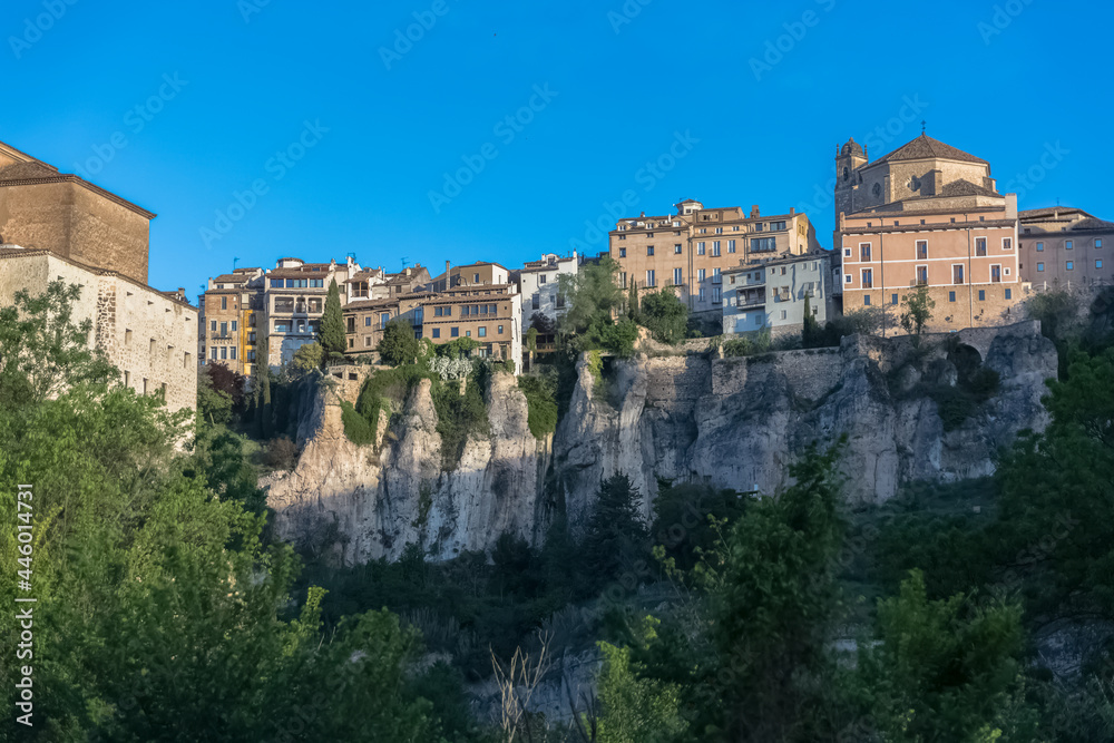 Amazing view at the Cuenca Hanging Houses, Casas Colgadas, and San Pedro church tower, iconic architecture, houses on cliffs