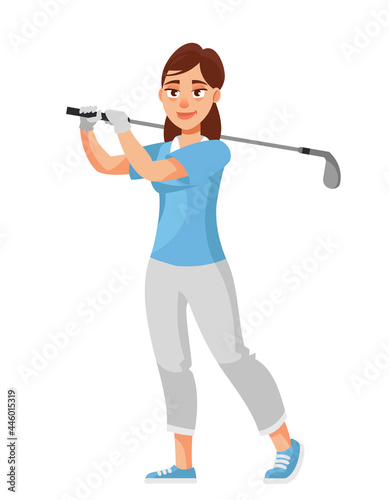 Female golfer hitting with club. Sportswoman in cartoon style.