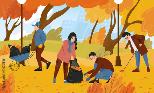 Volunteers are cleaning the fallen leaves in the park. A group of young people work in an urban recreation area in the autumn to harvest foliage. Vector cartoon illustration