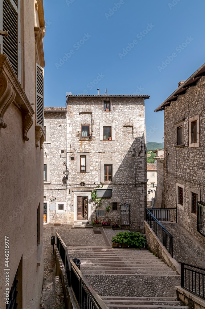 The characteristic stone houses in the historic center of Cascia, Italy, a few meters from the Basilica of Santa Rita