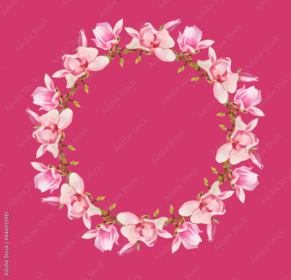 A wreath, a round frame of pink magnolia flowers. The flowers and branches of the magnolia are hand-painted in watercolor.
