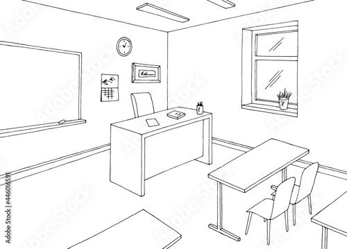 Classroom graphic black white interior sketch illustration vector 