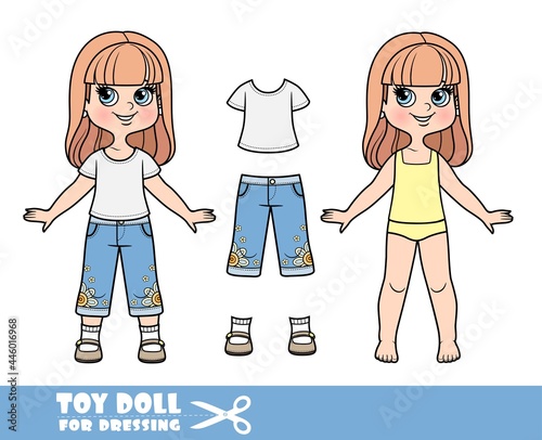 Cartoon girl with long straight hair in underwear , dressed and clothes separately - T-shirt, breeches and sandals doll for dressing