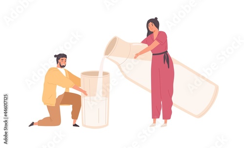 Woman pouring fresh milk from huge bottle into big glass for happy man. Tiny people and dairy product. Healthy drink with calcium and lactose. Flat vector illustration isolated on white background