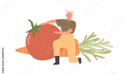 Happy farmer with big farm vegetables. Tiny person proud of good harvest. Woman showing huge tomato and carrot. Human with healthy organic food. Flat vector illustration isolated on white background