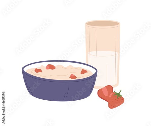 Bowl of oatmeal with strawberries and glass of milk for breakfast. Served healthy meal with porridge, fruit and drink. Oat cereal food for lunch. Flat vector illustration isolated on white background