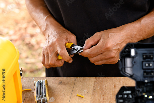 фотографія Fiber Optic welding Splicer Connection Internet signal and Wire connection with