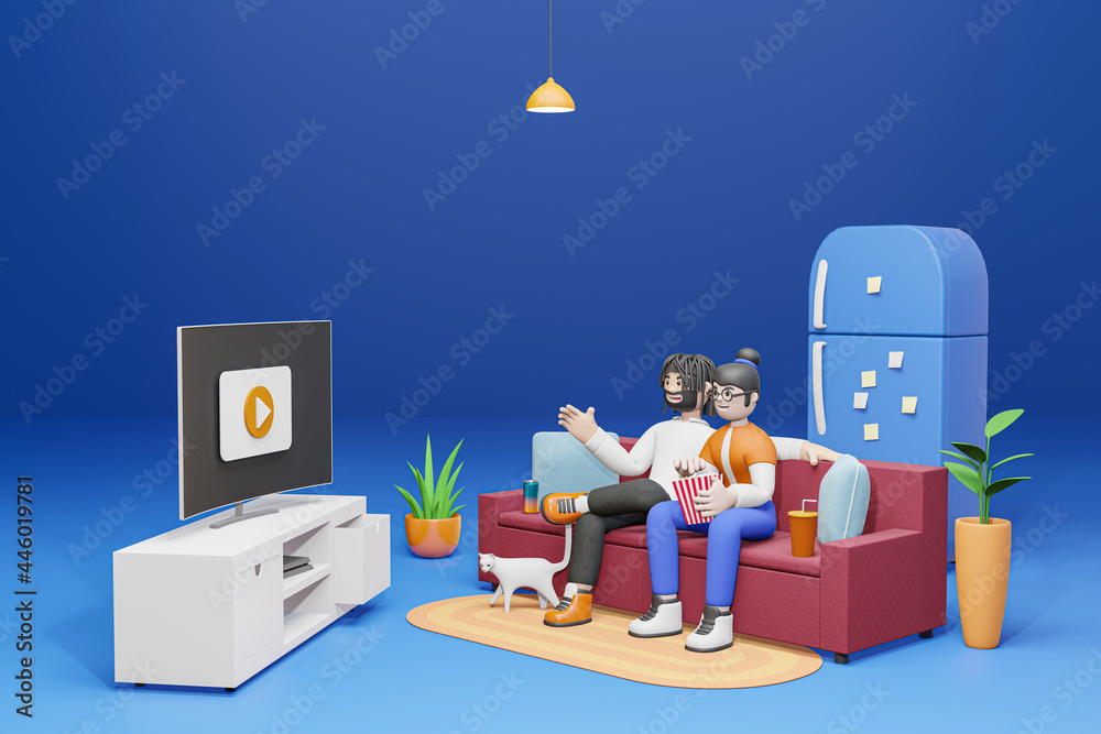 Obraz premium 3D cartoon character A young man and woman sitting watching a movie want to have fun at home - 3D render