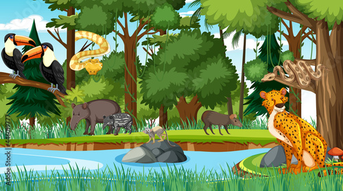Forest at daytime scene with different wild animals