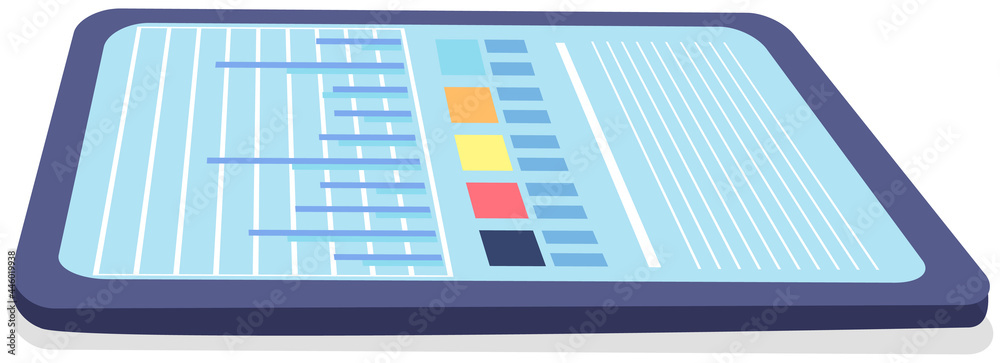Blue tablet with diagram, color table and lines on screen. Modern tool for work on white background. Information analysis equipment for business meeting in office. Digital mobile device, gadget Blue tablet with diagram, color table and lines on screen. Modern tool for work on white background. Information analysis equipment for business meeting in office. Digital mobile device, gadget