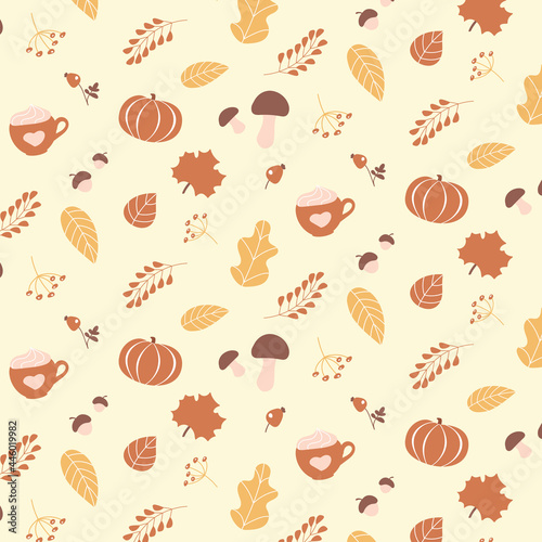 Autumn Pattern Cozy Style with Different Elements - Pumpkin, Coffee Cup, Autumn Leaves, Mushrooms