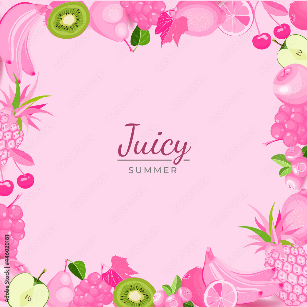 Pink fruits frame with text Juicy Summer. Creative poster with exotic organic fruits whole and cut into slices Balanced diet or dieting, vegetarian, vegan, detox, nutrition. Vector illustration.