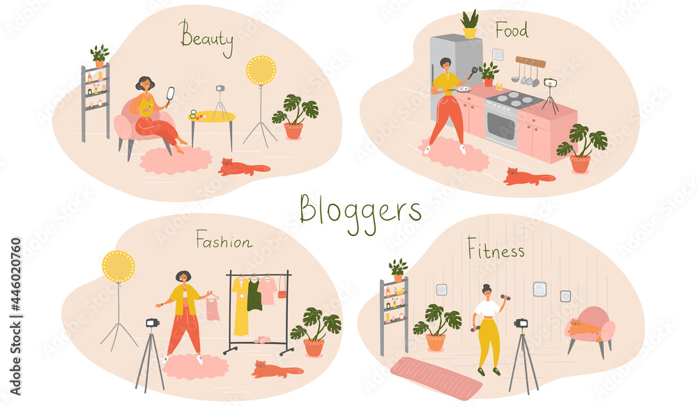 Set of female bloggers and vloggers characters making internet content. Women creating video for their blog channel. Influencers shooting vlog. Vector flat cartoon illustration Set of female bloggers and vloggers characters making internet content. Women creating video for their blog channel. Influencers shooting vlog. Vector flat cartoon illustration