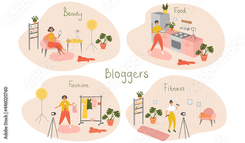 Set of female bloggers and vloggers characters making internet content. Women creating video for their blog channel. Influencers shooting vlog. Vector flat cartoon illustration