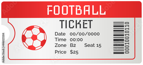 Football ticket card modern design. Invitation to football match to sports stadium to competition. Permission to enter soccer tribune for spectators to tournament. Fan ticket to sports match