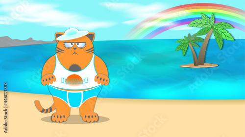 Summer resort beach poster. Cartoon red-haired fat disgruntled cat in a T-shirt, underpants and a cap on the background of the sea, palm trees and the beach