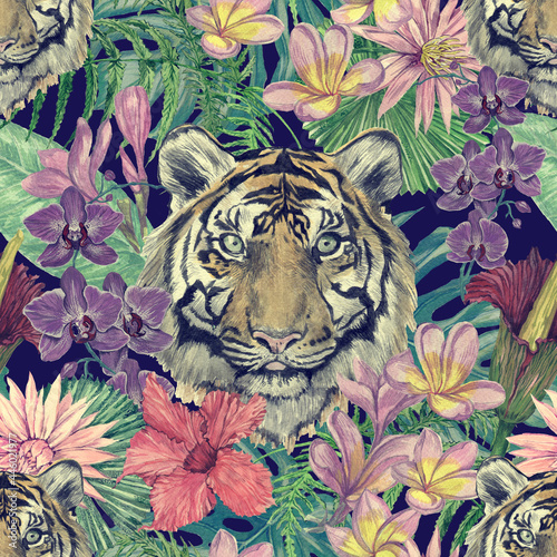 Seamless hand drawn watercolor pattern with indonesian tigers, leaves, flowers