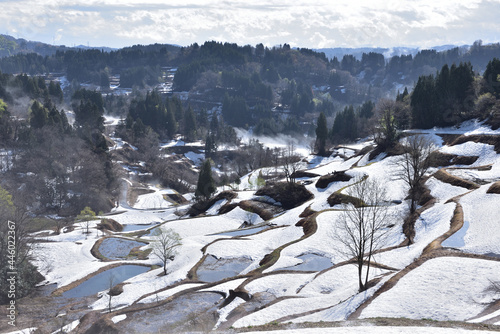 雪解けの棚田風景
