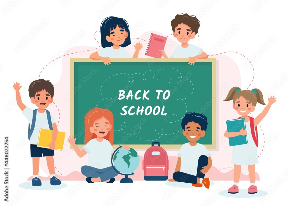 School children in class with a blackboard, back to school concept, cute characters. Vector illustration in flat style School children in class with a blackboard, back to school concept, cute characters. Vector illustration in flat style