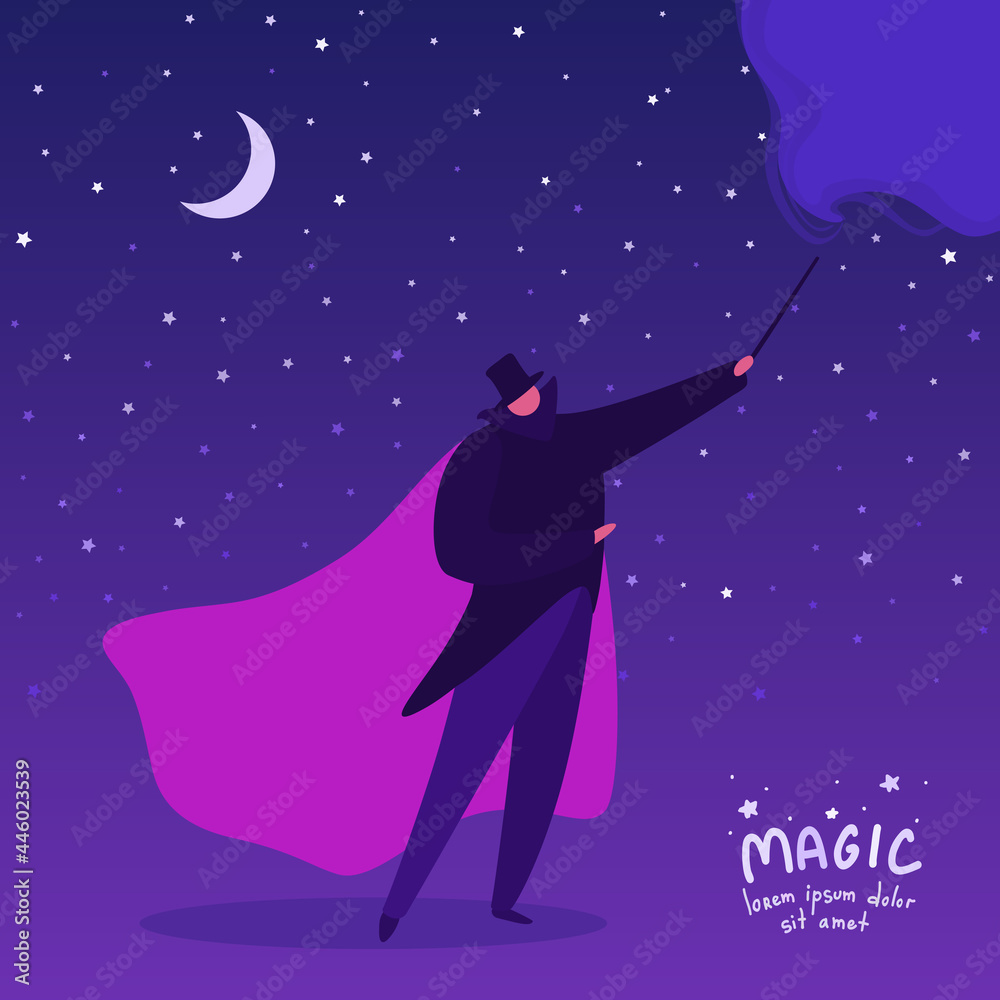 A magician casts a spell with his magic wand. An illusionist doing magic. Magical conjurer. A wizard, a mage. A vector cartoon illustration. A magician casts a spell with his magic wand. An illusionist doing magic. Magical conjurer. A wizard, a mage. A vector cartoon illustration.