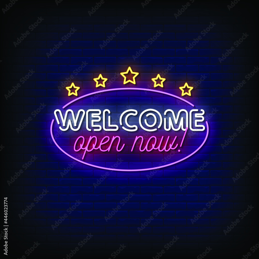 Welcome Open Now Neon Signboard On Brick Wall Welcome Open Now Neon Signboard On Brick Wall