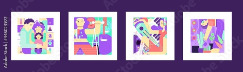 Neighbors go about their business during the lockdown. Concept to devote time to yourself and your family during a pandemic. Colored flat vector illustration,