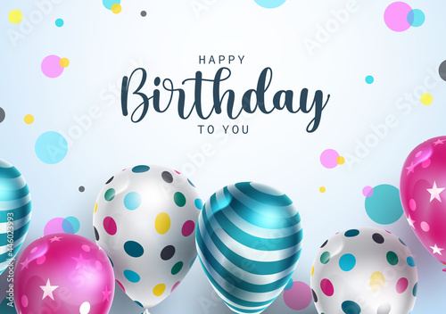 Happy birthday vector background design. Happy birthday to you text with balloon and pattern decoration elements for birth day greeting card celebration design. Vector illustration
