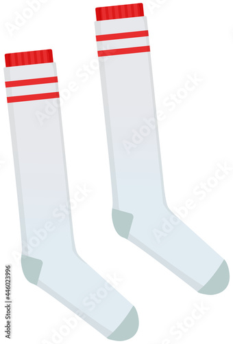 Soccer gaiters flat icon on white background. High socks soccer player uniform isolated vector. Athletes clothing element, white socks with red stripes. Sportswear for team football, sports training