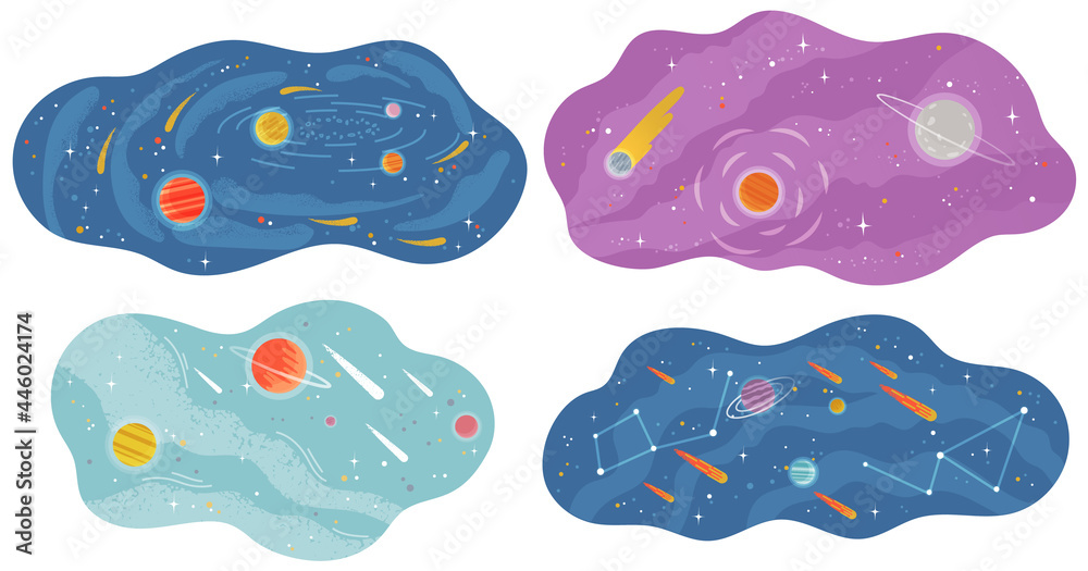 Solar system of planets with large and small celestial bodies flying in space. Colored spheres and meteorits in blue sky. Flat fantastic vector illustration with planets and stars cartoon cosmic scene Solar system of planets with large and small celestial bodies flying in space. Colored spheres and meteorits in blue sky. Flat fantastic vector illustration with planets and stars cartoon cosmic scene